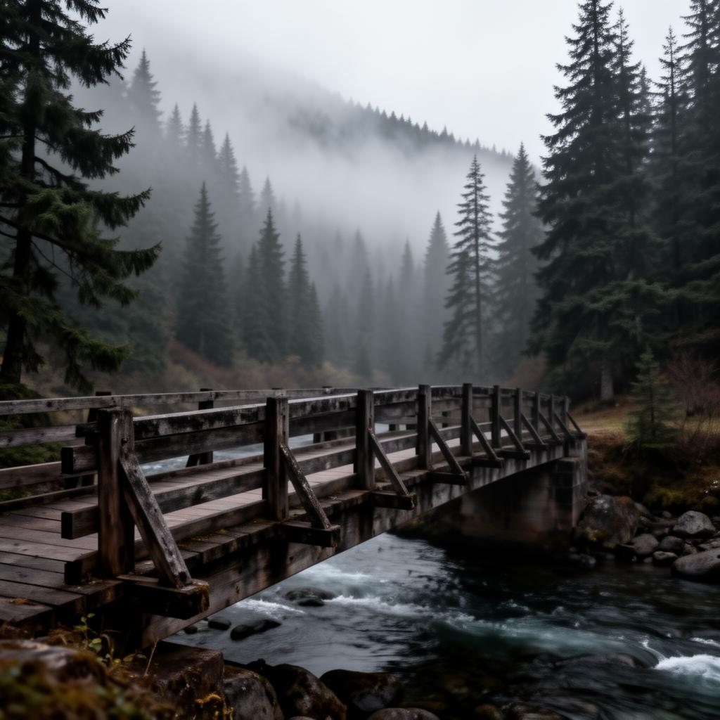 A misty bridge over a river in the Oregon mountains